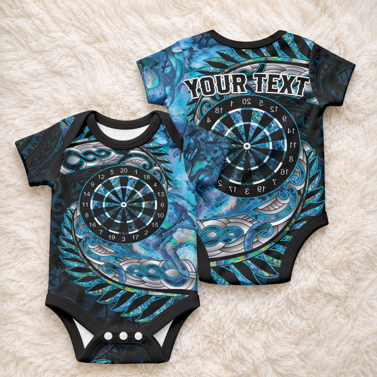 New Zealand Darts Personalised Baby Onesie Aotearoa Silver Fern Blue Papua Shell Spirit