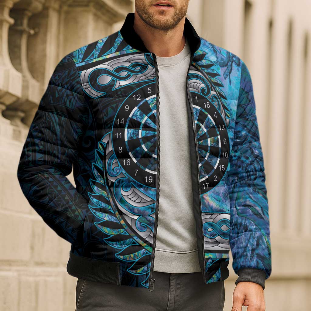 New Zealand Darts Personalised Bomber Puffer Jacket Aotearoa Silver Fern Blue Papua Shell Spirit - Aussie Hoodie