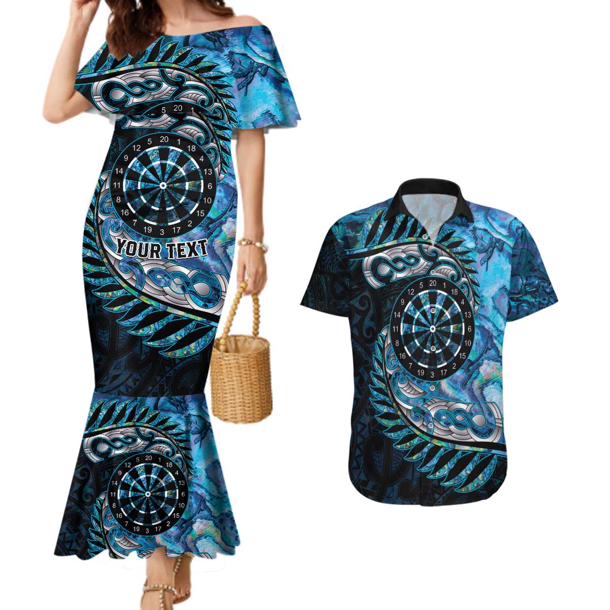 New Zealand Darts Personalised Couples Matching Mermaid Dress and Hawaiian Shirt Aotearoa Silver Fern Blue Papua Shell Spirit