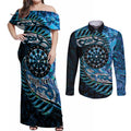 New Zealand Darts Personalised Couples Matching Off Shoulder Maxi Dress and Long Sleeve Button Shirt Aotearoa Silver Fern Blue Papua Shell Spirit