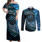 New Zealand Darts Personalised Couples Matching Off Shoulder Maxi Dress and Long Sleeve Button Shirt Aotearoa Silver Fern Blue Papua Shell Spirit