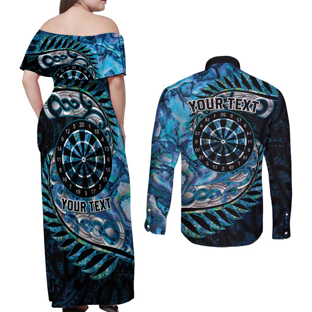 New Zealand Darts Personalised Couples Matching Off Shoulder Maxi Dress and Long Sleeve Button Shirt Aotearoa Silver Fern Blue Papua Shell Spirit