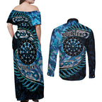 New Zealand Darts Personalised Couples Matching Off Shoulder Maxi Dress and Long Sleeve Button Shirt Aotearoa Silver Fern Blue Papua Shell Spirit