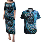 New Zealand Darts Personalised Couples Matching Puletasi and Hawaiian Shirt Aotearoa Silver Fern Blue Papua Shell Spirit