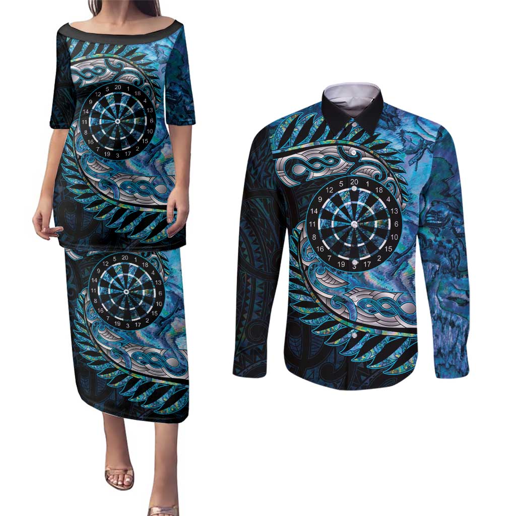 New Zealand Darts Personalised Couples Matching Puletasi and Long Sleeve Button Shirt Aotearoa Silver Fern Blue Papua Shell Spirit