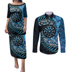 New Zealand Darts Personalised Couples Matching Puletasi and Long Sleeve Button Shirt Aotearoa Silver Fern Blue Papua Shell Spirit