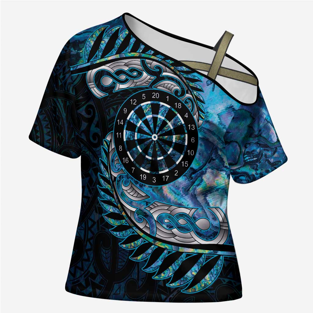 New Zealand Darts Personalised Cross Shoulder Shirt Aotearoa Silver Fern Blue Papua Shell Spirit - Aussie Hoodie