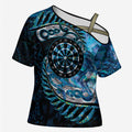 New Zealand Darts Personalised Cross Shoulder Shirt Aotearoa Silver Fern Blue Papua Shell Spirit - Aussie Hoodie