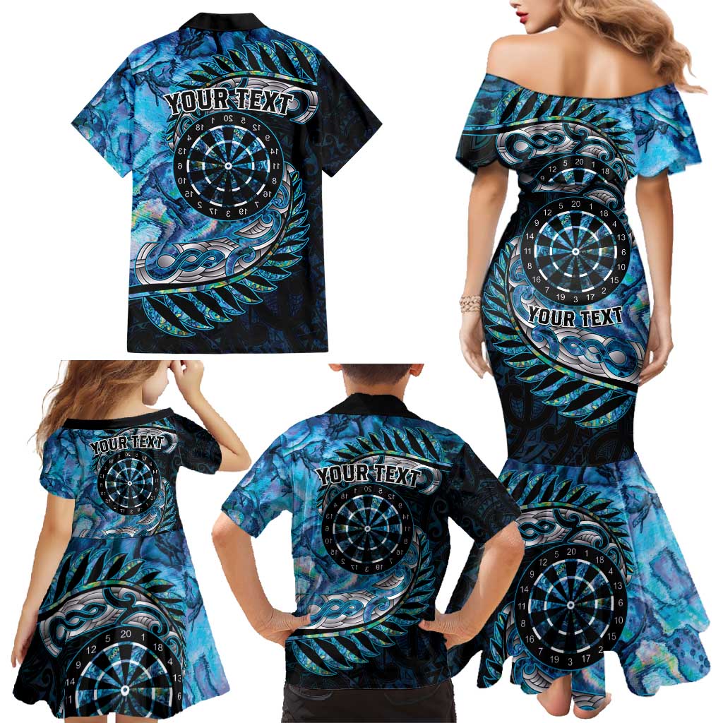 New Zealand Darts Personalised Family Matching Mermaid Dress and Hawaiian Shirt Aotearoa Silver Fern Blue Papua Shell Spirit