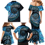 New Zealand Darts Personalised Family Matching Mermaid Dress and Hawaiian Shirt Aotearoa Silver Fern Blue Papua Shell Spirit