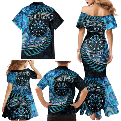 New Zealand Darts Personalised Family Matching Mermaid Dress and Hawaiian Shirt Aotearoa Silver Fern Blue Papua Shell Spirit