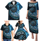 New Zealand Darts Personalised Family Matching Puletasi and Hawaiian Shirt Aotearoa Silver Fern Blue Papua Shell Spirit