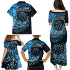 New Zealand Darts Personalised Family Matching Puletasi and Hawaiian Shirt Aotearoa Silver Fern Blue Papua Shell Spirit
