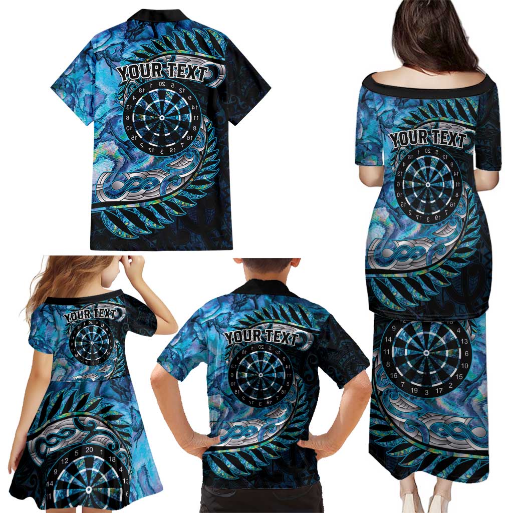 New Zealand Darts Personalised Family Matching Puletasi and Hawaiian Shirt Aotearoa Silver Fern Blue Papua Shell Spirit
