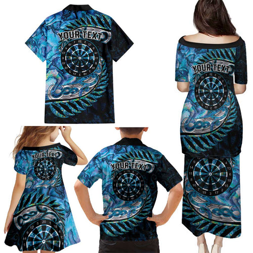 New Zealand Darts Personalised Family Matching Puletasi and Hawaiian Shirt Aotearoa Silver Fern Blue Papua Shell Spirit