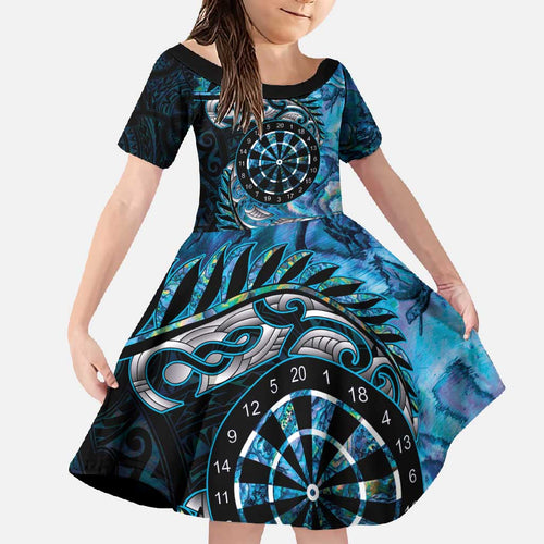 New Zealand Darts Personalised Family Matching Short Sleeve Bodycon Dress and Hawaiian Shirt Aotearoa Silver Fern Blue Papua Shell Spirit
