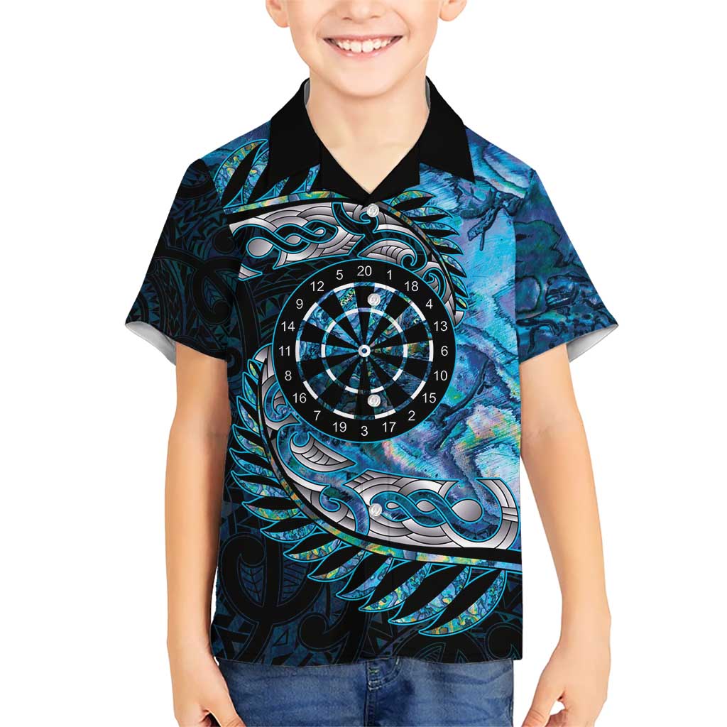 New Zealand Darts Personalised Kid Hawaiian Shirt Aotearoa Silver Fern Blue Papua Shell Spirit