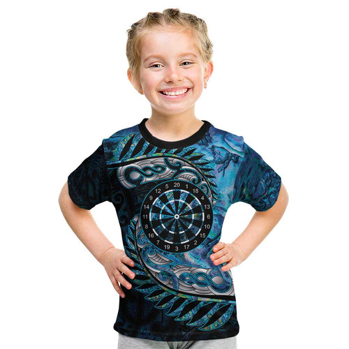 New Zealand Darts Personalised Kid T Shirt Aotearoa Silver Fern Blue Papua Shell Spirit