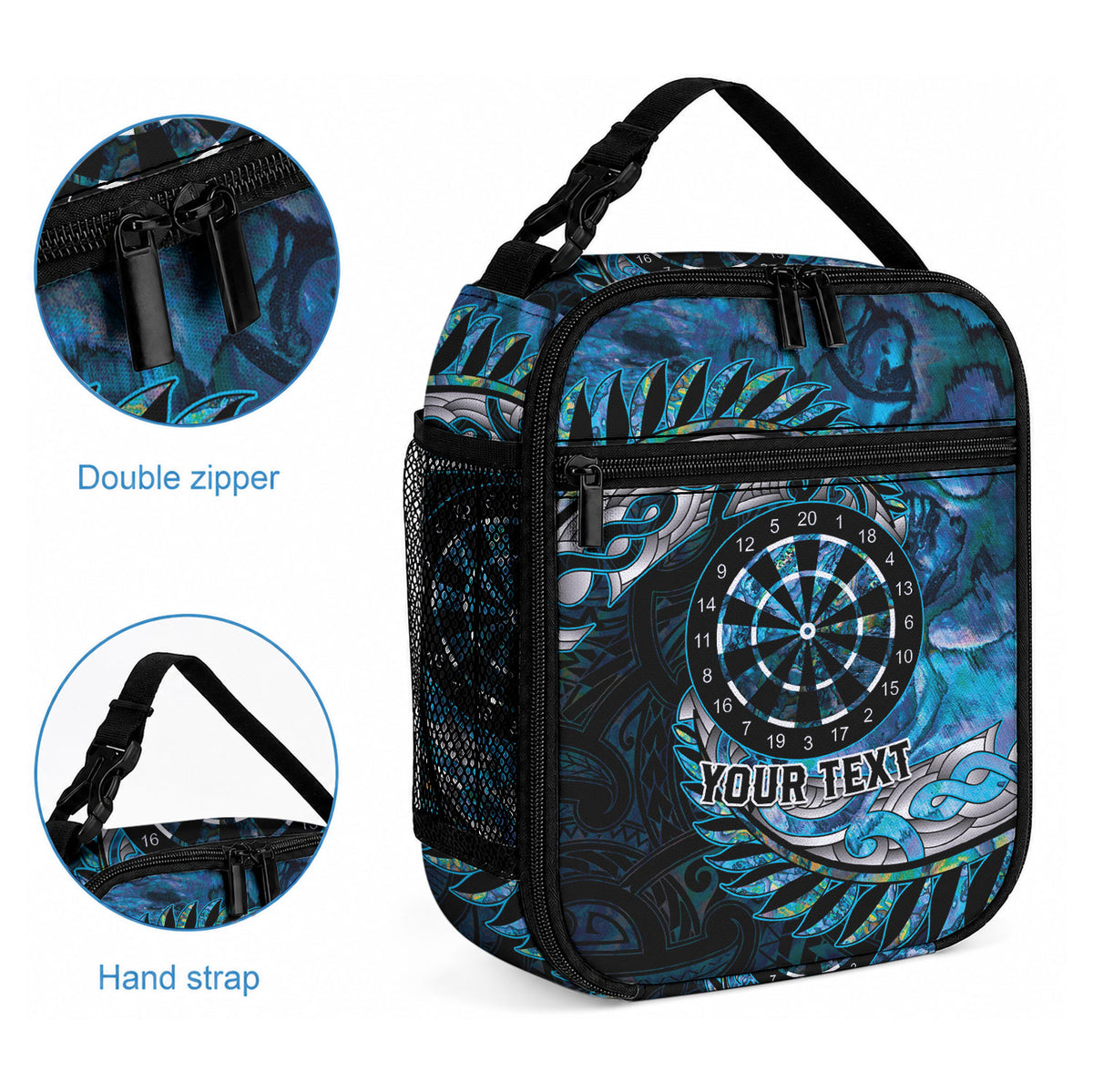 New Zealand Darts Personalised Lunch Bag Aotearoa Silver Fern Blue Papua Shell Spirit