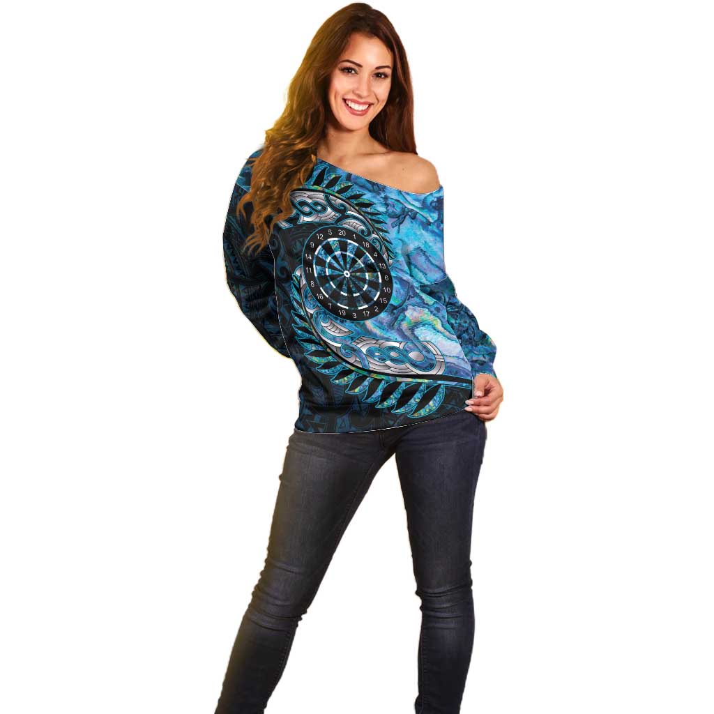 New Zealand Darts Personalised Off Shoulder Sweater Aotearoa Silver Fern Blue Papua Shell Spirit