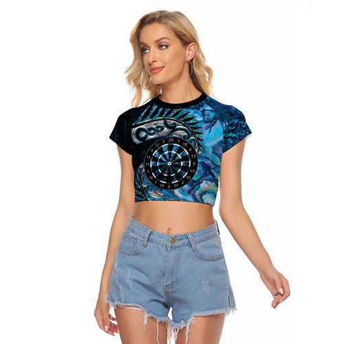New Zealand Darts Personalised Raglan Cropped T Shirt Aotearoa Silver Fern Blue Papua Shell Spirit