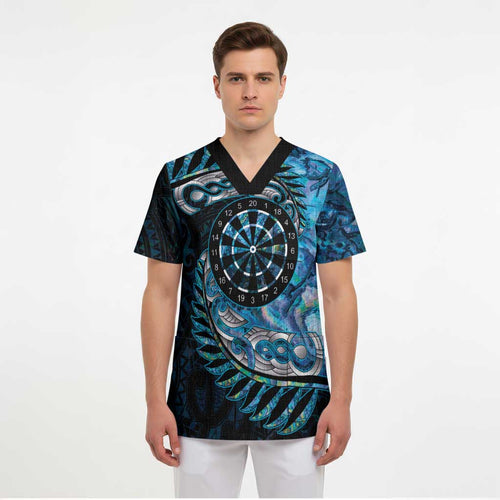 New Zealand Darts Personalised Scrub Top Aotearoa Silver Fern Blue Papua Shell Spirit - Aussie Hoodie