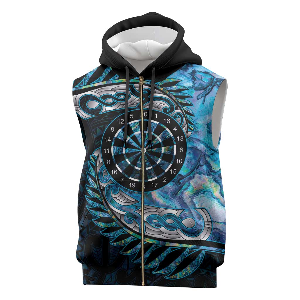 New Zealand Darts Personalised Sleeveless Zip Hoodie Aotearoa Silver Fern Blue Papua Shell Spirit - Aussie Hoodie