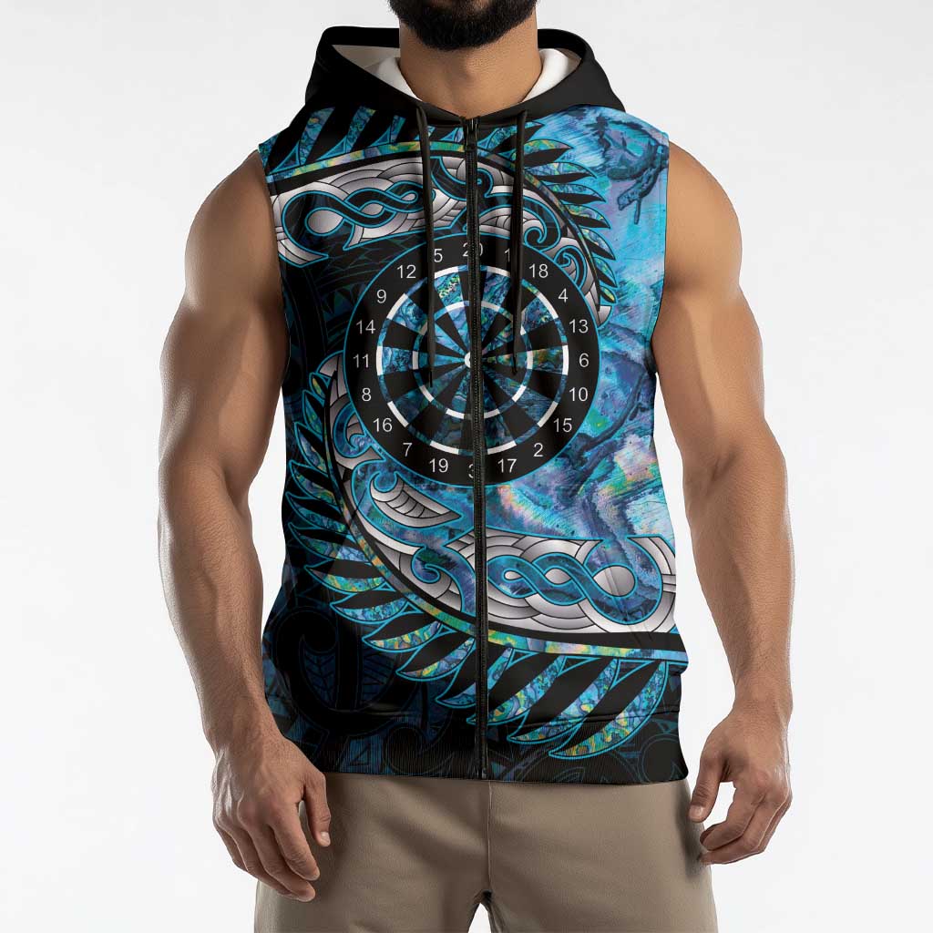 New Zealand Darts Personalised Sleeveless Zip Hoodie Aotearoa Silver Fern Blue Papua Shell Spirit LT9