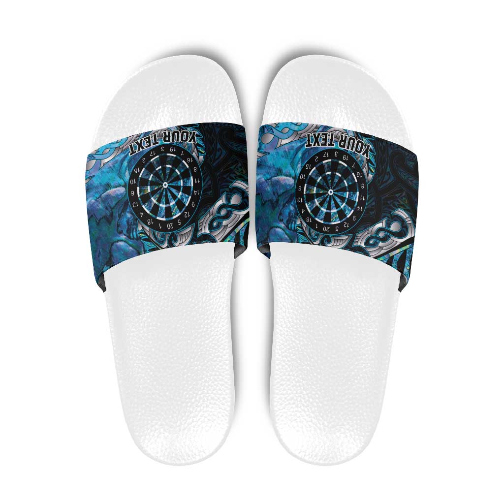 New Zealand Darts Personalised Slide Sandals Aotearoa Silver Fern Blue Papua Shell Spirit - Aussie Hoodie