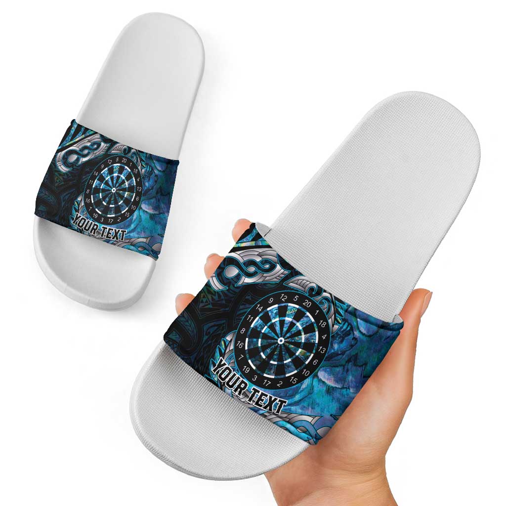 New Zealand Darts Personalised Slide Sandals Aotearoa Silver Fern Blue Papua Shell Spirit - Aussie Hoodie