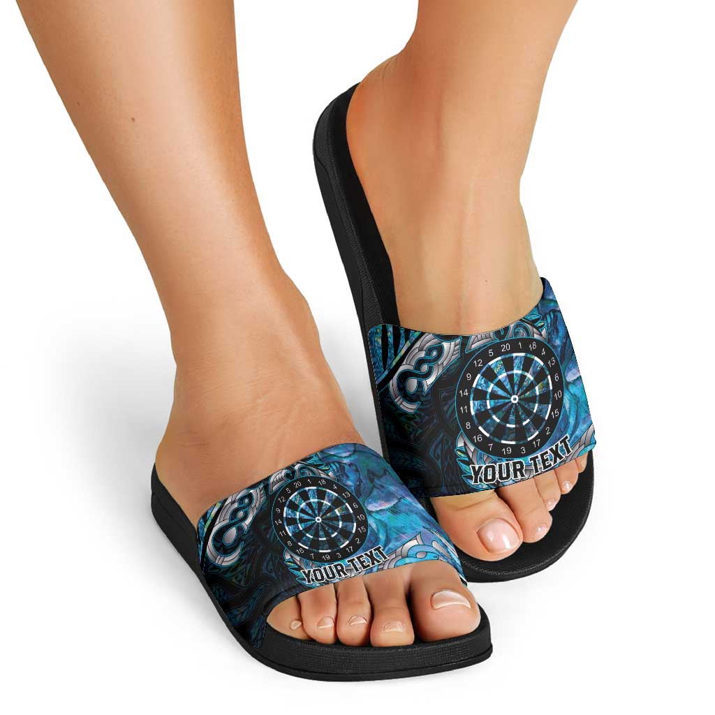 New Zealand Darts Personalised Slide Sandals Aotearoa Silver Fern Blue Papua Shell Spirit - Aussie Hoodie