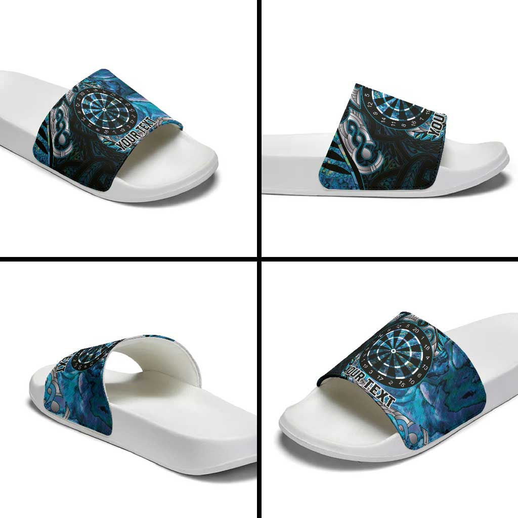New Zealand Darts Personalised Slide Sandals Aotearoa Silver Fern Blue Papua Shell Spirit - Aussie Hoodie