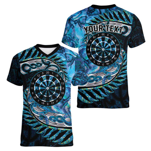 New Zealand Darts Personalised Women V-Neck T-Shirt Aotearoa Silver Fern Blue Papua Shell Spirit