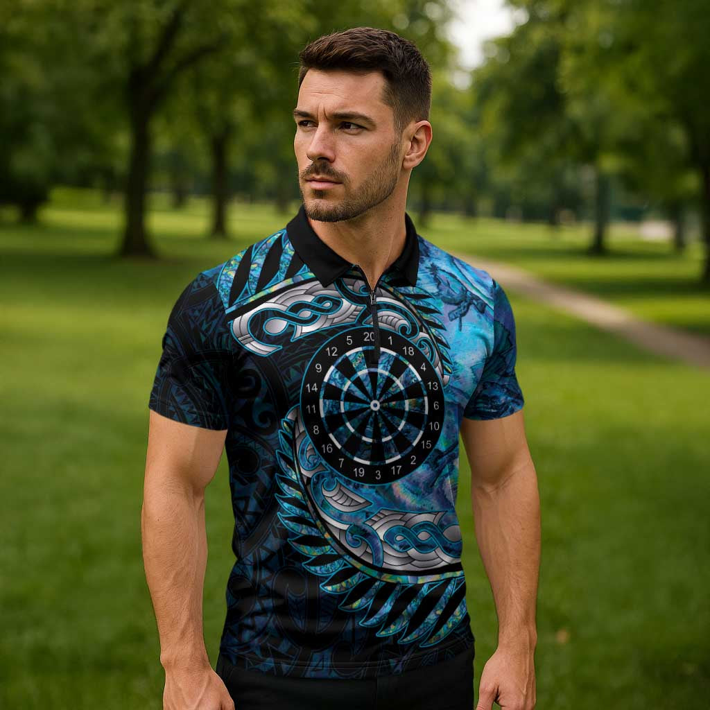 New Zealand Darts Personalised Zipper Polo Shirt Aotearoa Silver Fern Blue Papua Shell Spirit - Aussie Hoodie