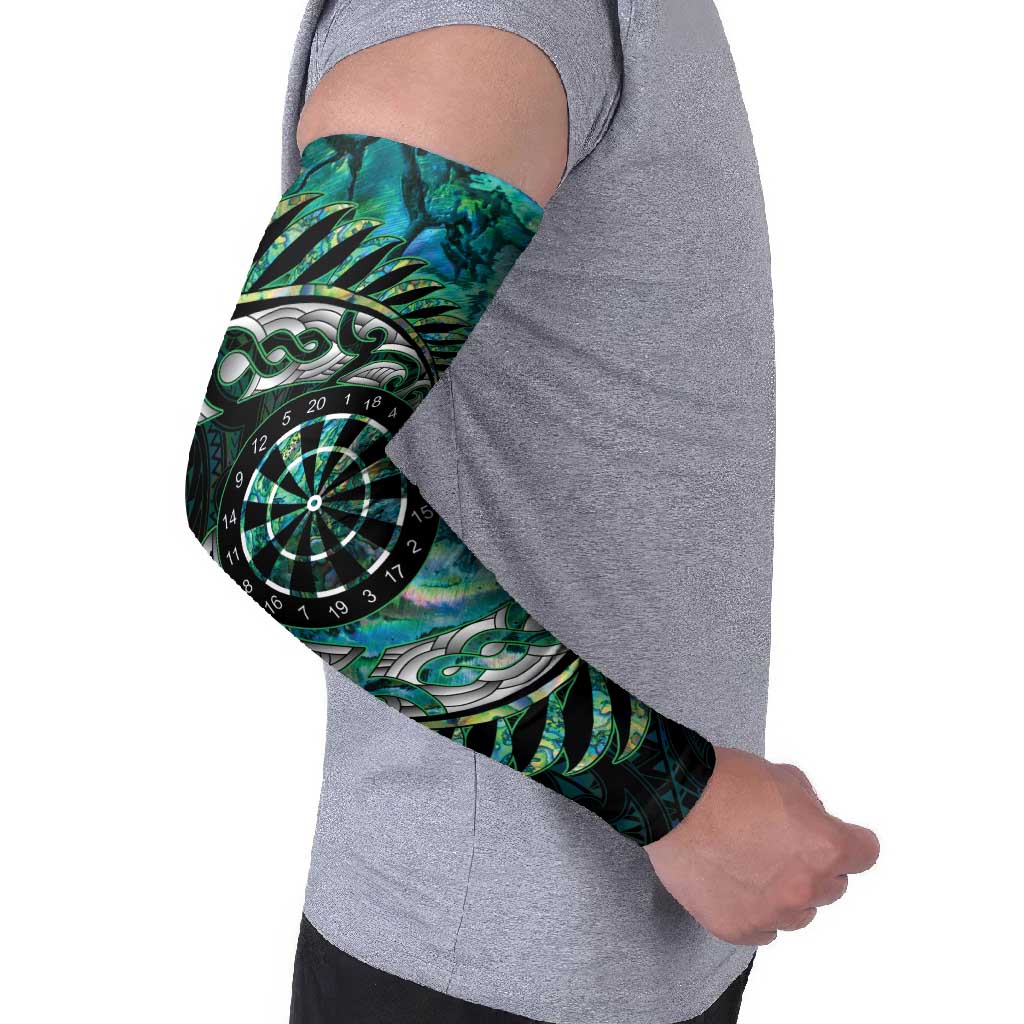 New Zealand Darts Personalised Arm Sleeves Aotearoa Silver Fern Green Papua Shell Spirit - Aussie Hoodie
