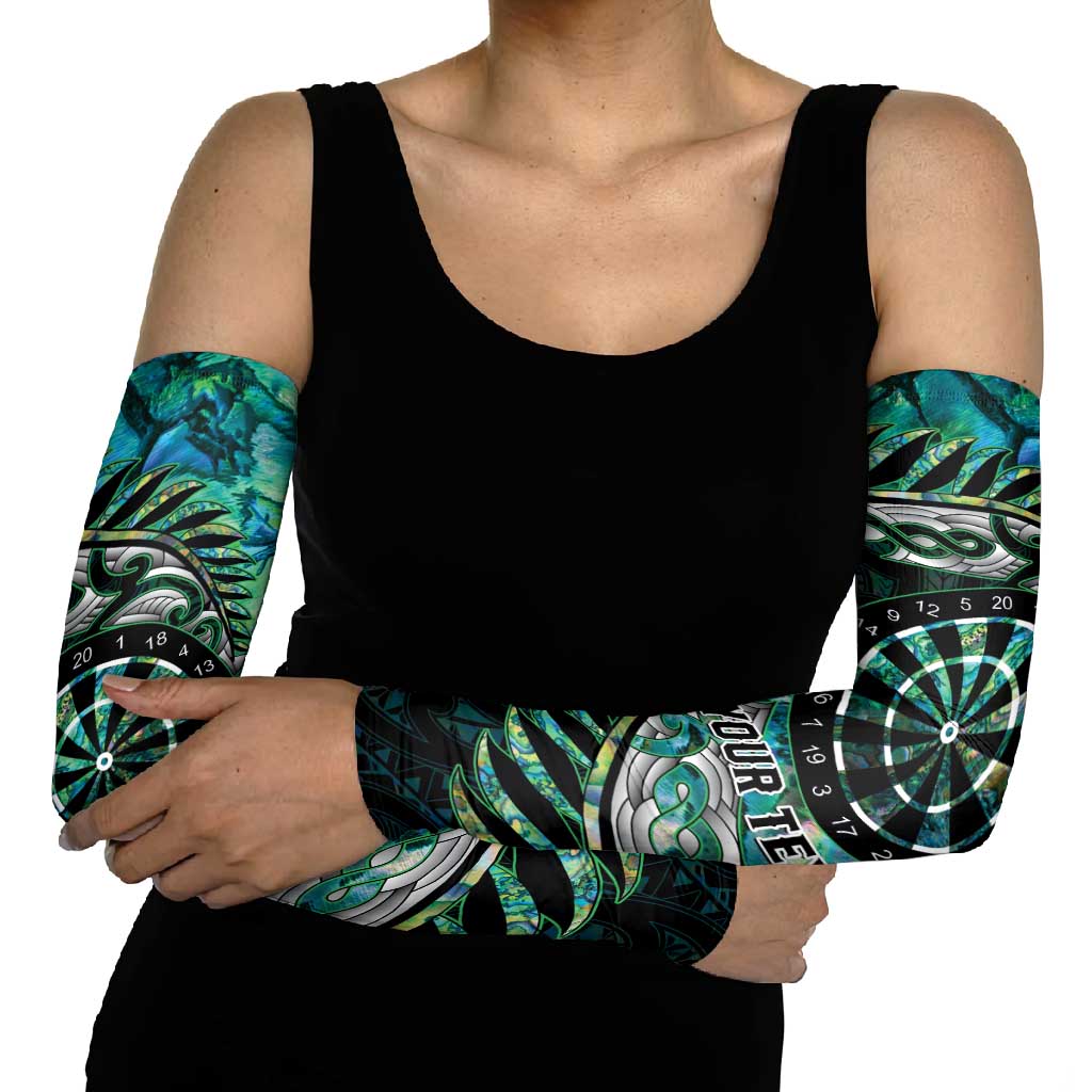 New Zealand Darts Personalised Arm Sleeves Aotearoa Silver Fern Green Papua Shell Spirit - Aussie Hoodie
