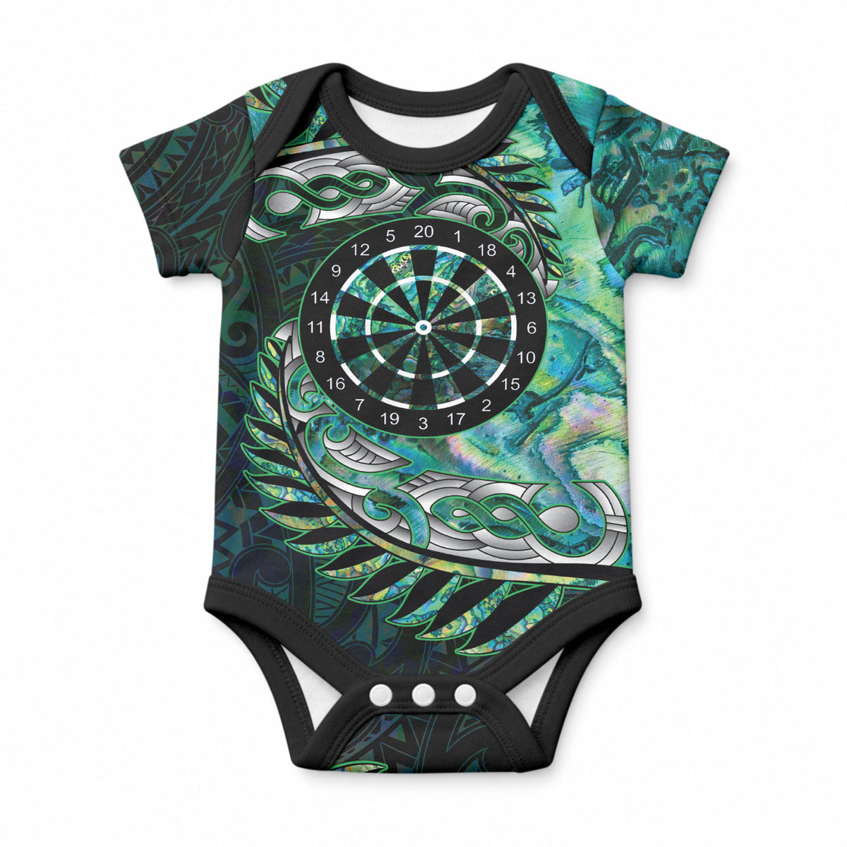 New Zealand Darts Personalised Baby Onesie Aotearoa Silver Fern Green Papua Shell Spirit