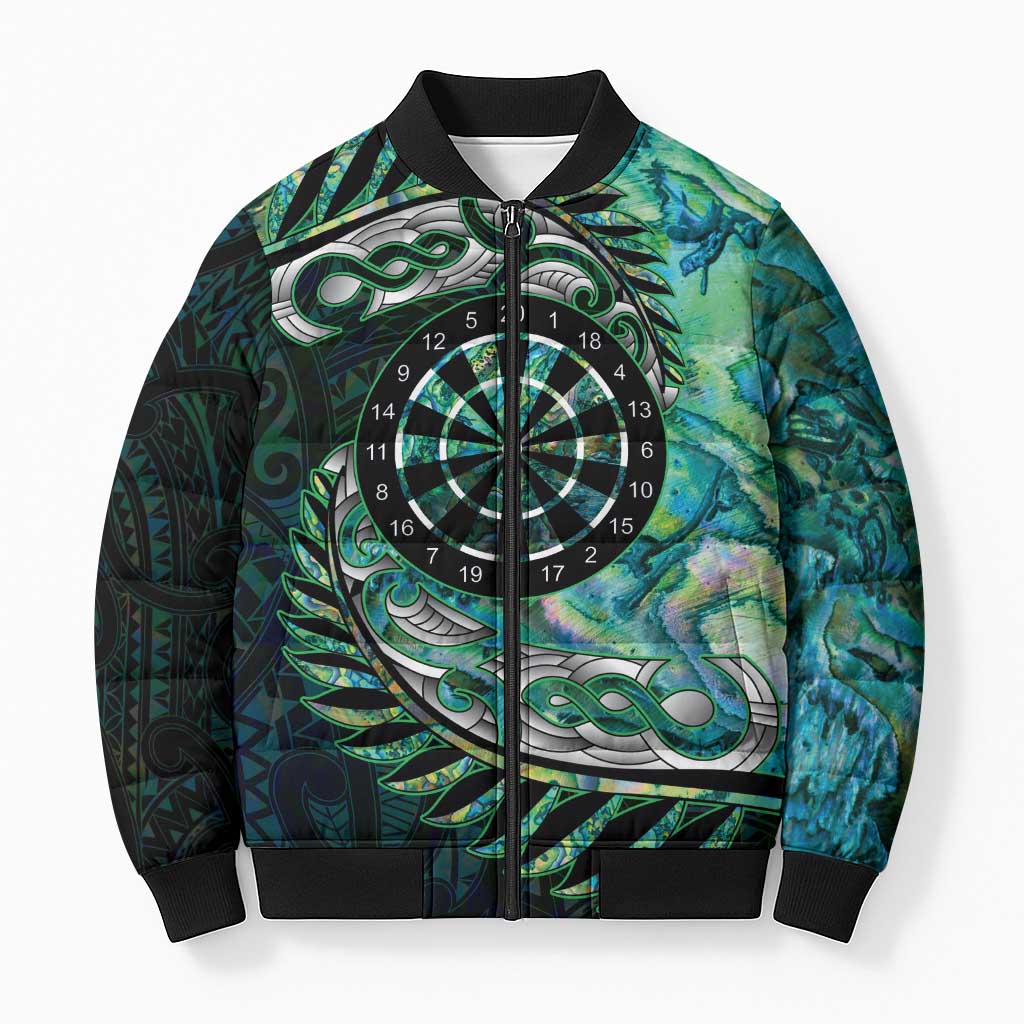New Zealand Darts Personalised Bomber Puffer Jacket Aotearoa Silver Fern Green Papua Shell Spirit - Aussie Hoodie
