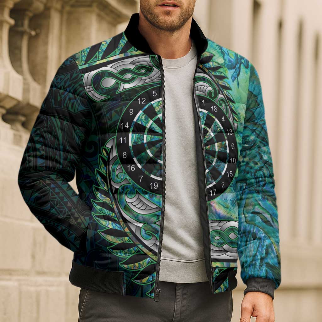 New Zealand Darts Personalised Bomber Puffer Jacket Aotearoa Silver Fern Green Papua Shell Spirit - Aussie Hoodie
