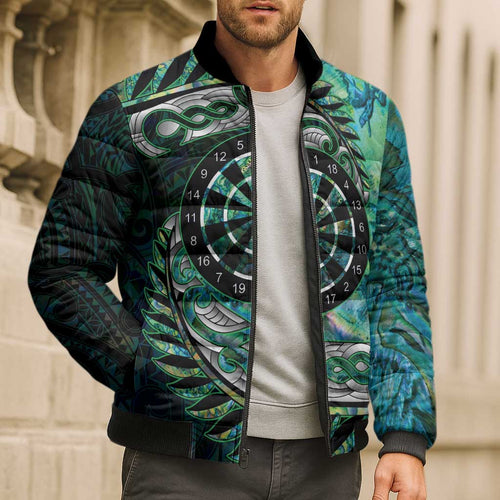New Zealand Darts Personalised Bomber Puffer Jacket Aotearoa Silver Fern Green Papua Shell Spirit - Aussie Hoodie