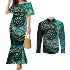 New Zealand Darts Personalised Couples Matching Mermaid Dress and Long Sleeve Button Shirt Aotearoa Silver Fern Green Papua Shell Spirit