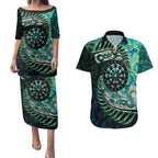 New Zealand Darts Personalised Couples Matching Puletasi and Hawaiian Shirt Aotearoa Silver Fern Green Papua Shell Spirit