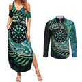 New Zealand Darts Personalised Couples Matching Summer Maxi Dress and Long Sleeve Button Shirt Aotearoa Silver Fern Green Papua Shell Spirit