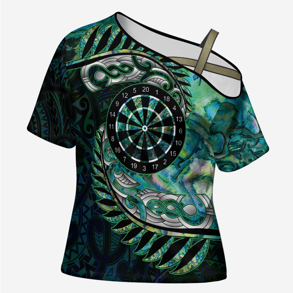 New Zealand Darts Personalised Cross Shoulder Shirt Aotearoa Silver Fern Green Papua Shell Spirit - Aussie Hoodie