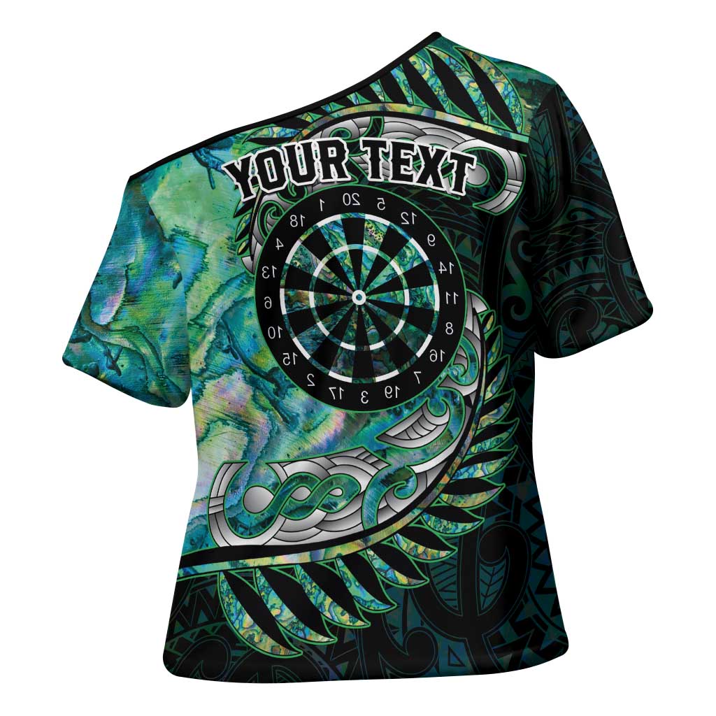 New Zealand Darts Personalised Cross Shoulder Shirt Aotearoa Silver Fern Green Papua Shell Spirit - Aussie Hoodie