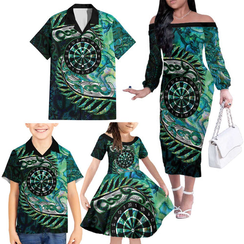 New Zealand Darts Personalised Family Matching Off The Shoulder Long Sleeve Dress and Hawaiian Shirt Aotearoa Silver Fern Green Papua Shell Spirit