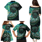 New Zealand Darts Personalised Family Matching Puletasi and Hawaiian Shirt Aotearoa Silver Fern Green Papua Shell Spirit