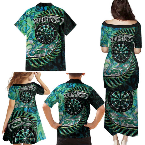 New Zealand Darts Personalised Family Matching Puletasi and Hawaiian Shirt Aotearoa Silver Fern Green Papua Shell Spirit