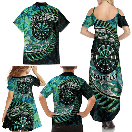 New Zealand Darts Personalised Family Matching Summer Maxi Dress and Hawaiian Shirt Aotearoa Silver Fern Green Papua Shell Spirit