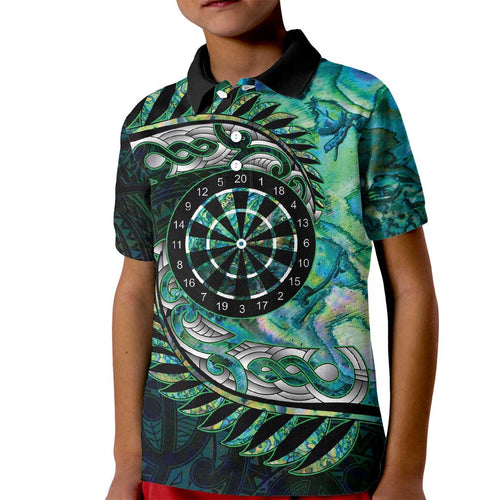 New Zealand Darts Personalised Kid Polo Shirt Aotearoa Silver Fern Green Papua Shell Spirit